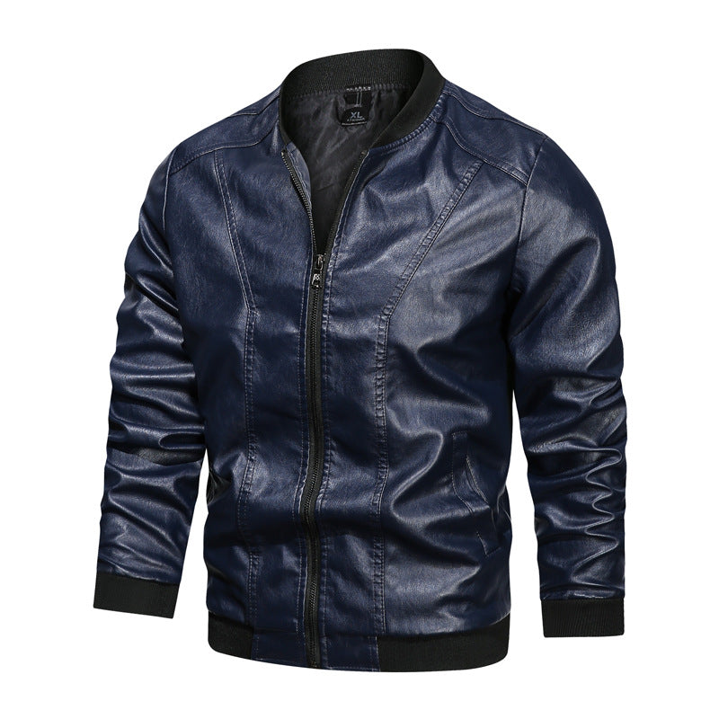 Men Casual Leather Jacket Zipper Leather - Dark Blue - Genuine Leather - Carvan Mart