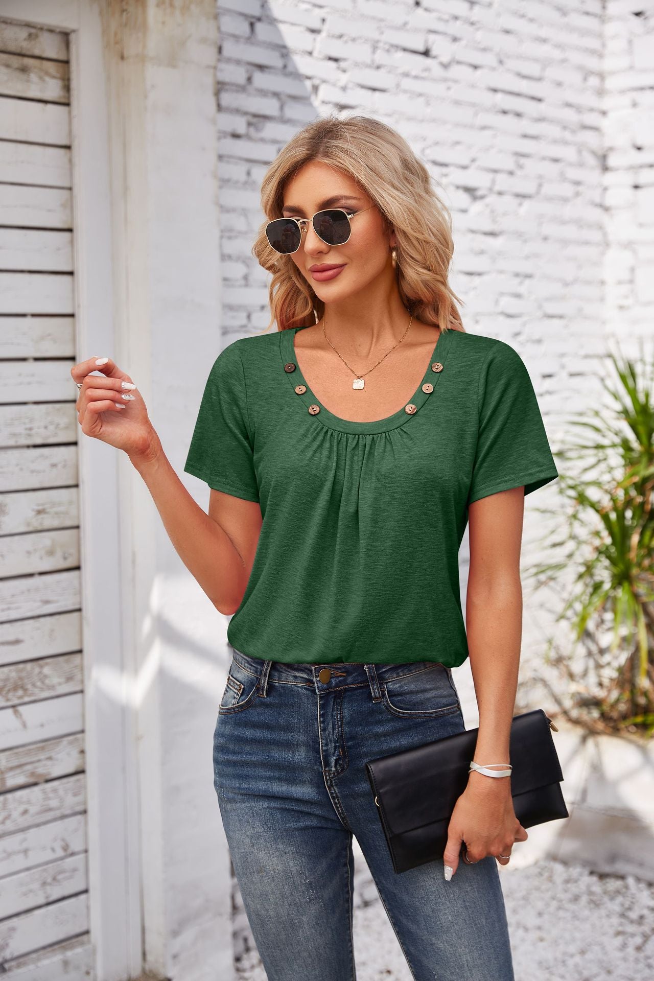 Women's Short-sleeve T-shirt Summer Button Square Collar Pleated Loose T-shirt - Green - Blouses & Shirts - Carvan Mart