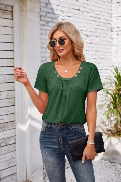 Women's Short-sleeve T-shirt Summer Button Square Collar Pleated Loose T-shirt - Green - Blouses & Shirts - Carvan Mart