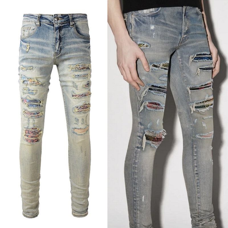 Iridescence Printed Patch Worn Baby Blue Jeans Male - - Men's Jeans - Carvan Mart