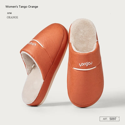 Winter Household Non-slip Plus Velvet Faux Leather Cotton Slippers - Tango Orange - Women's Slippers - Carvan Mart