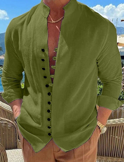 Retro Button Design Long-sleeve Shirt Men's Casual Loose Top - Green - Men's Shirts - Carvan Mart