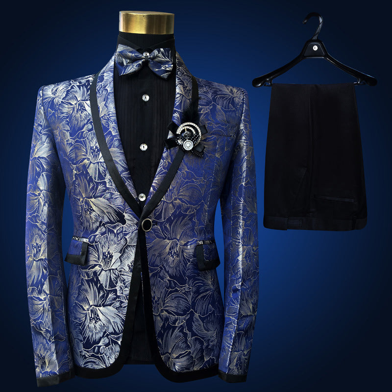 Men's Two Piece Blue Suit Floral Wedding Singer Prom Suit - Carvan Mart