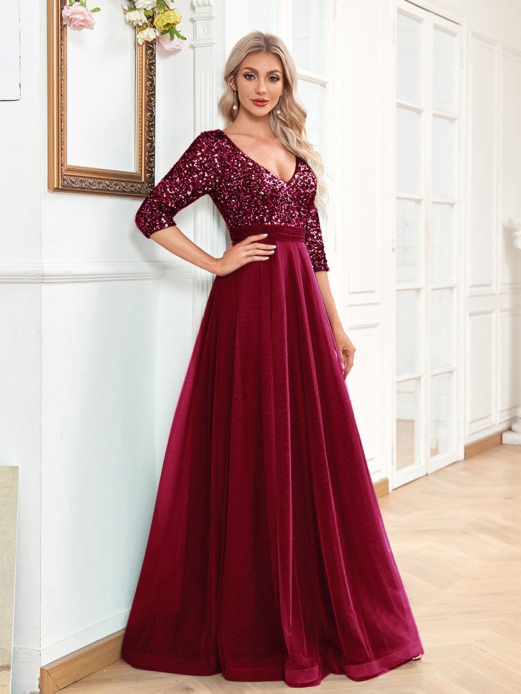 Elegant Prom Evening Wedding Guest Dress - Wine Red - Evening Dresses - Carvan Mart