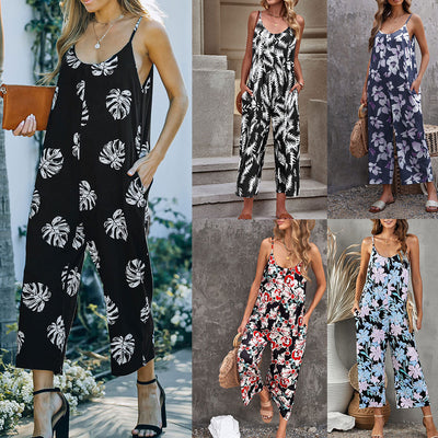 Jumpsuit Flowers Print Suspender With Pockets Fashion Round-neck Overalls For Women - - Jumpsuits & Rompers - Carvan Mart