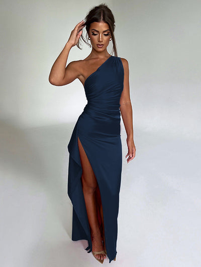 Women's One-shoulder Pleated Split Satin Dress Elegant Slim-fit Dress - Royal - Dresses - Carvan Mart