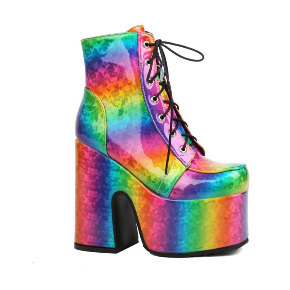 Platform High Heel Boots With Ankle Strap At The Front - Rainbow - High Heels - Carvan Mart