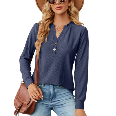 Relaxed-fit V-neck Tees Solid Color Button Jacquard Loose Long Sleeve Top - Navy Blue - Winter Tops - Carvan Mart