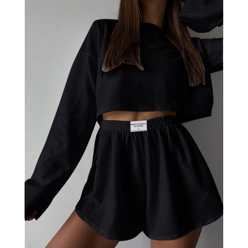 2pcs Women's Suit Long Sleeve Pullover Top And Shorts Simple Slim Fit Loose Hollow-out Suits