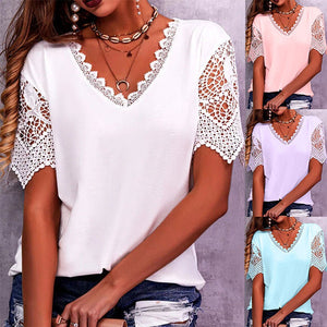 Lace Tops Women Summer Loose V Neck Short Sleeve Casual Shirts - - Blouses & Shirts - Carvan Mart