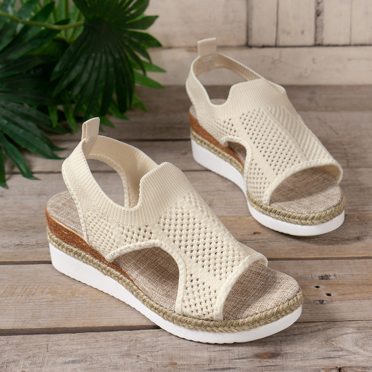 Cover Toes Hollow Wedges Fly Woven Breathable Mesh Peep Toe Sandals - Carvan Mart
