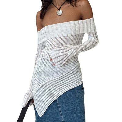 French Style Off-shoulder Long Sleeve Knitted Woolen Pullover - Carvan Mart