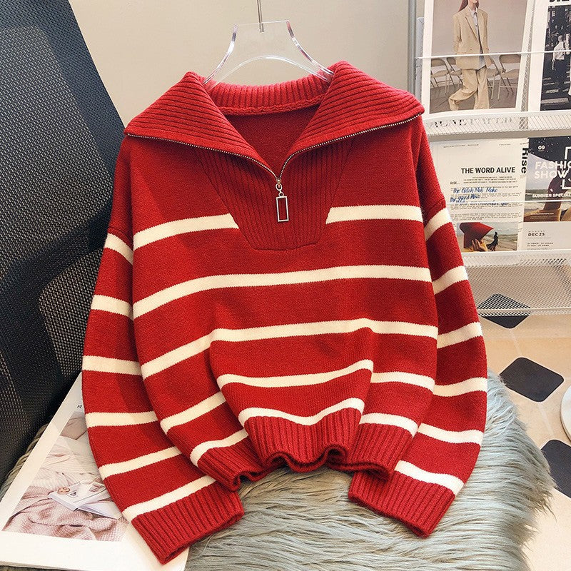 Korean Style Loose Fashion Zipper Striped Sweater - Red Free Size - Sweaters - Carvan Mart