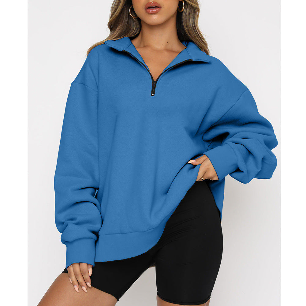 Women Sweatshirts Zip Turndown Collar Loose Casual Tops Clothes - Carvan Mart