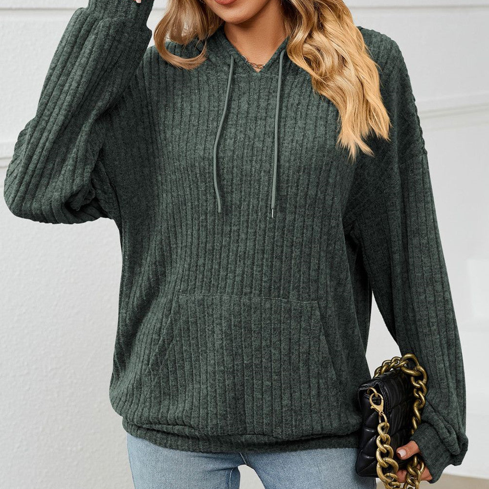 Knitted Sweater With Hooded Pit Stripe Kangaroo Pocket Sweater - - Women Hoodies & Sweatshirts - Carvan Mart