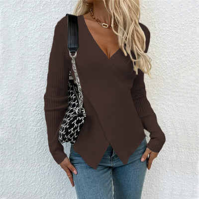 Irregular Cross Sweater Women's Jumper Top - Brown - Winter Tops - Carvan Mart