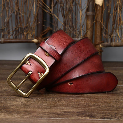 Men's Cowhide Vintage Distressed Pleated Brass Buckle Belt - Reddish Brown - Men's Belts - Carvan Mart