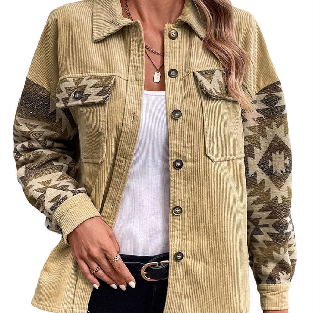 Fashion Print Stitching Lapel Women's Khaki Cotton Jacket - Carvan Mart