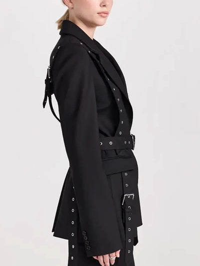 Street Style Coat Temperament Rivet Buckle Decorative Design Tight Waist Slim Suit Coat - Carvan Mart