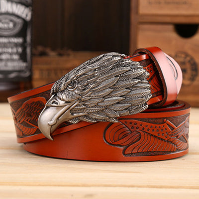 Fashion Cowhide Leisure Eagle Head Belt - Brown ancient silver buckle - Men's Belts - Carvan Mart