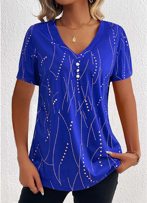 V-neck Button T-shirt Women's Summer Fashion Leisure Short-sleeve Top - Carvan Mart