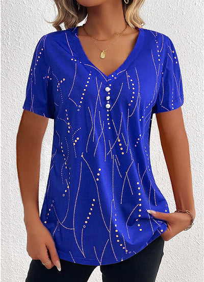 V-neck Button T-shirt Women's Summer Fashion Leisure Short-sleeve Top - Blue - Blouses & Shirts - Carvan Mart