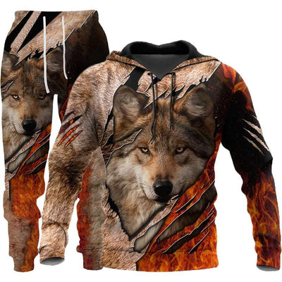 3D Wolf Print Tracksuit Men Sportswear Hooded Sweatsuit Two Piece Outdoors Running Fitness Mens Clothing Jogging Set - Carvan Mart