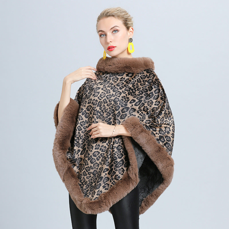 Women's Cloak Printed Fur Collar Pullover Shawl - Khaki One Size - Women's Coats & Jackets - Carvan Mart