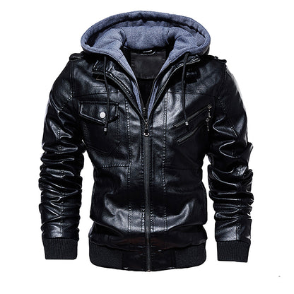 Men Hooded Leather Jacket Thick Motorcycle Windproof Casual Winter Jacket