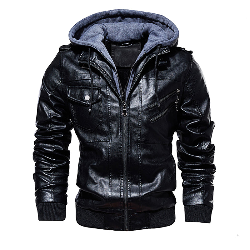 Men Hooded Leather Jacket Thick Motorcycle Windproof Casual Winter Jacket - Black - Genuine Leather - Carvan Mart