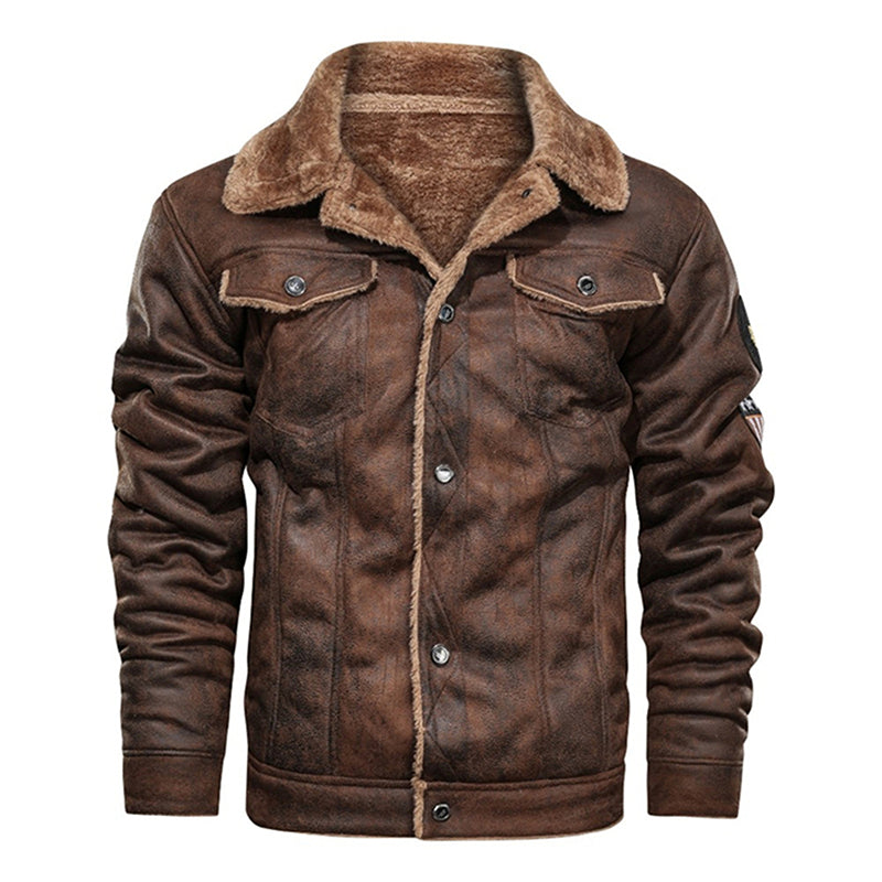 Winter Men Turn-down Collar Leather Jacket Outwear Warm Pilot Windbreak - - Genuine Leather - Carvan Mart