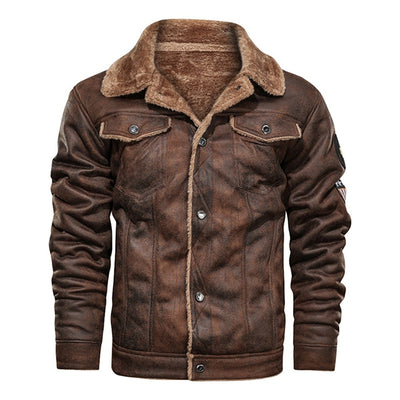 Winter Men Turn-down Collar Leather Jacket Outwear Warm Pilot Windbreak - Carvan Mart