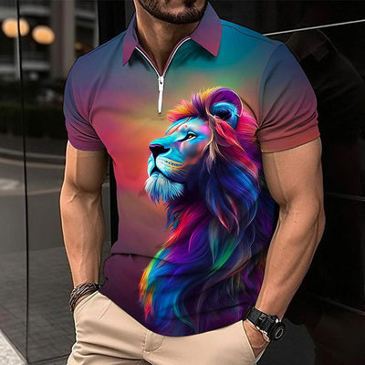 Men's Graphic Lion Print Polo Shirt - Trendy Short Sleeve Casual Top - 3y5YNWH - Men's Shirts - Carvan Mart