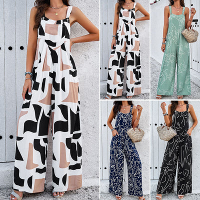 Square Neck Jumpsuit Fashion Print With Pockets Casual Loose Overalls Women - Carvan Mart