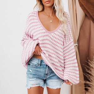 Loose Knitted Sweater Pullover For Women - Pink - Sweaters - Carvan Mart