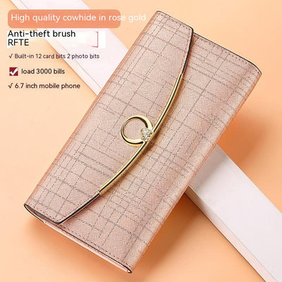 Women's Real Leather Long Large Capacity Wallet Clutch Bag - Rose Gold Cross Grain Cowhide - Women's Wallet - Carvan Mart