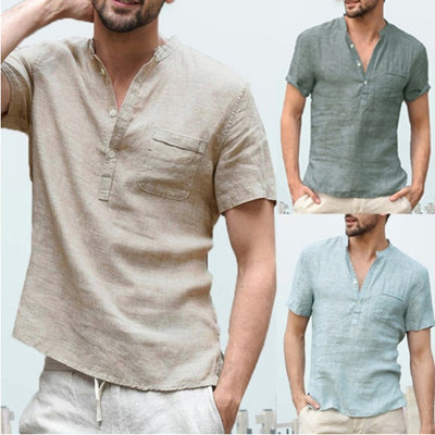 Casual Linen Solid Color Shirt Button V Neck Beach Shirt Men Summer Tops - - Men's Shirts - Carvan Mart