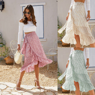 Women Skirt Bohemian Floral Chiffon Ruffled Wrap Skirt A-Line Split Skirt - Carvan Mart