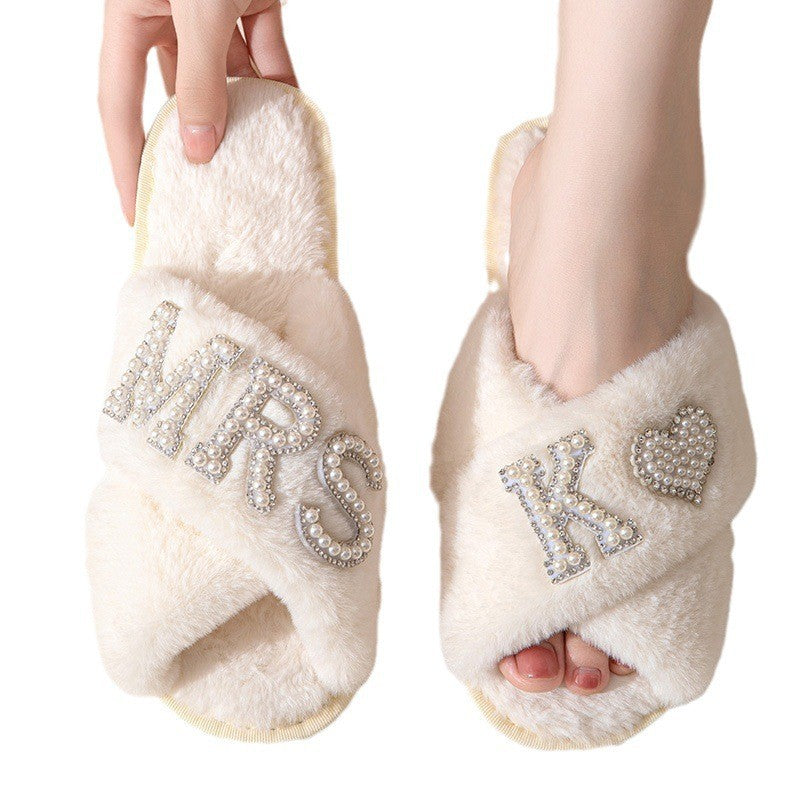 Women's Plush Slippers Home Non-slip Cotton Slippers Fleece-lined Thickened Cross Toe Covering Fluffy Slippers - Carvan Mart