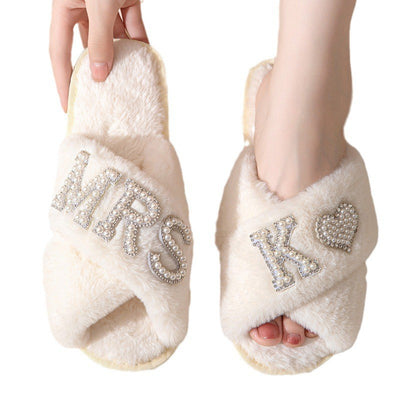 Women's Plush Slippers Home Non-slip Cotton Slippers Fleece-lined Thickened Cross Toe Covering Fluffy Slippers - White K - Women's Slippers - Carvan Mart