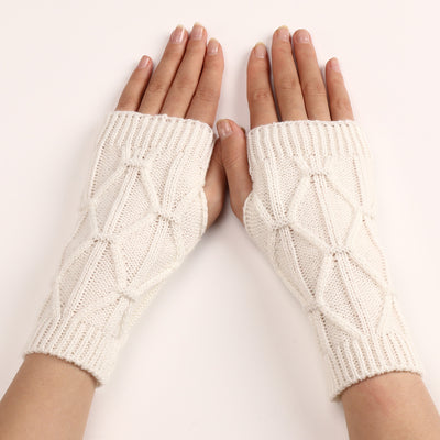 Rhombus Fashion Oversleeve Knitted Wool Keep Warm Half Finger Gloves - White Average Size - Women Gloves & Mittens - Carvan Mart