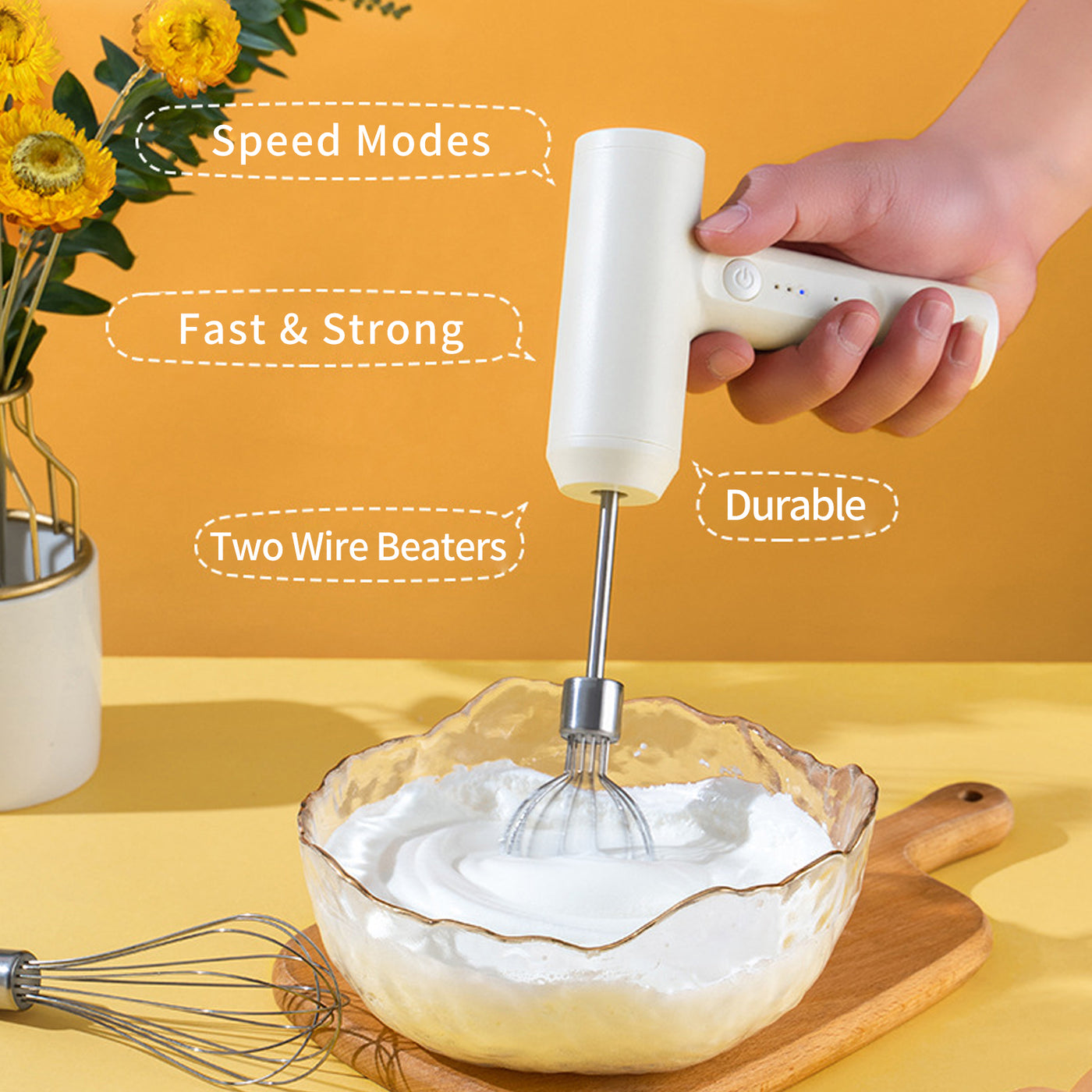 Electric Egg Beater With 2 Wire Beaters Portable Food Blender Whisk 3 Speeds Handheld Food Mixer ,USB Rechargeable Handheld Egg Beater - White - Compact Blenders - Carvan Mart