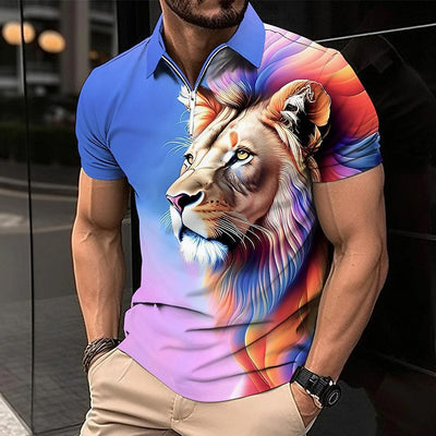 Men's Graphic Lion Print Polo Shirt - Trendy Short Sleeve Casual Top - 3y5YNWI - Men's Shirts - Carvan Mart