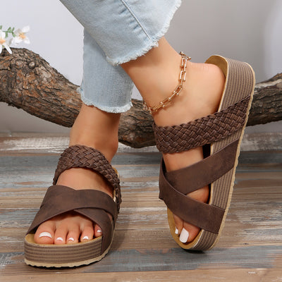 Woven Cross-strap Slippers Summer Platform Sandals Women Flat Beach Shoes - Carvan Mart