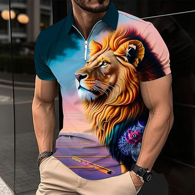 Men's Graphic Lion Print Polo Shirt - Trendy Short Sleeve Casual Top - - Men's Shirts - Carvan Mart