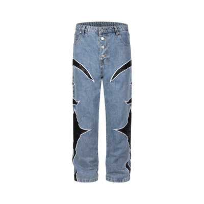 Trendy Brand Patchwork Leather Contrasting Color Casual Loose Pants - Blue - Men's Jeans - Carvan Mart