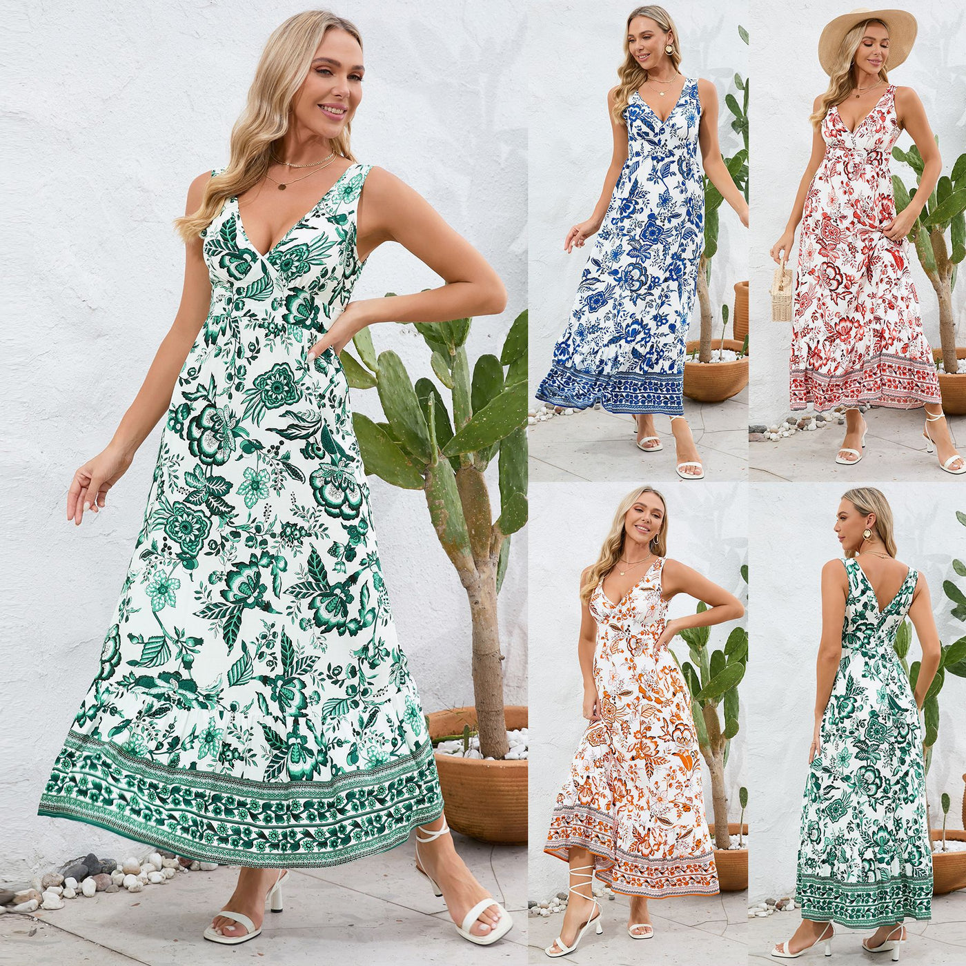 Women Floral Print V-neck Dress Summer Slim Fit Sleeveless Long Dress - - Dresses - Carvan Mart