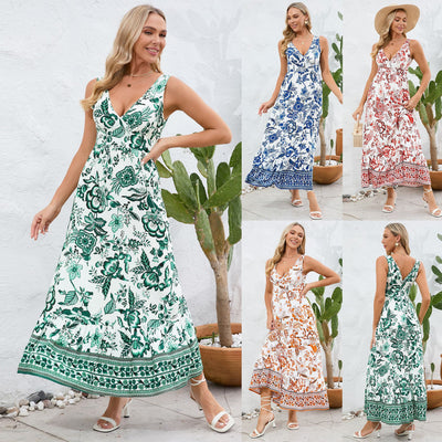 Women Floral Print V-neck Dress Summer Slim Fit Sleeveless Long Dress - Carvan Mart