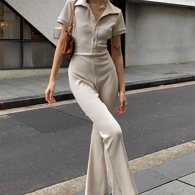 Women's Skinny Backless Lapel Button Jumpsuit - Carvan Mart