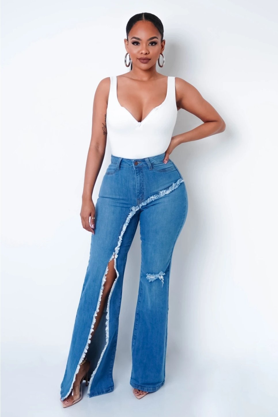 New style elastic ripped flared pants jeans women - Carvan Mart